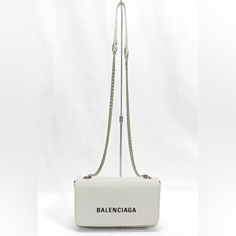 Auth Balenciaga white crossbody shoulder Lambskin Flao bag with Black Logo